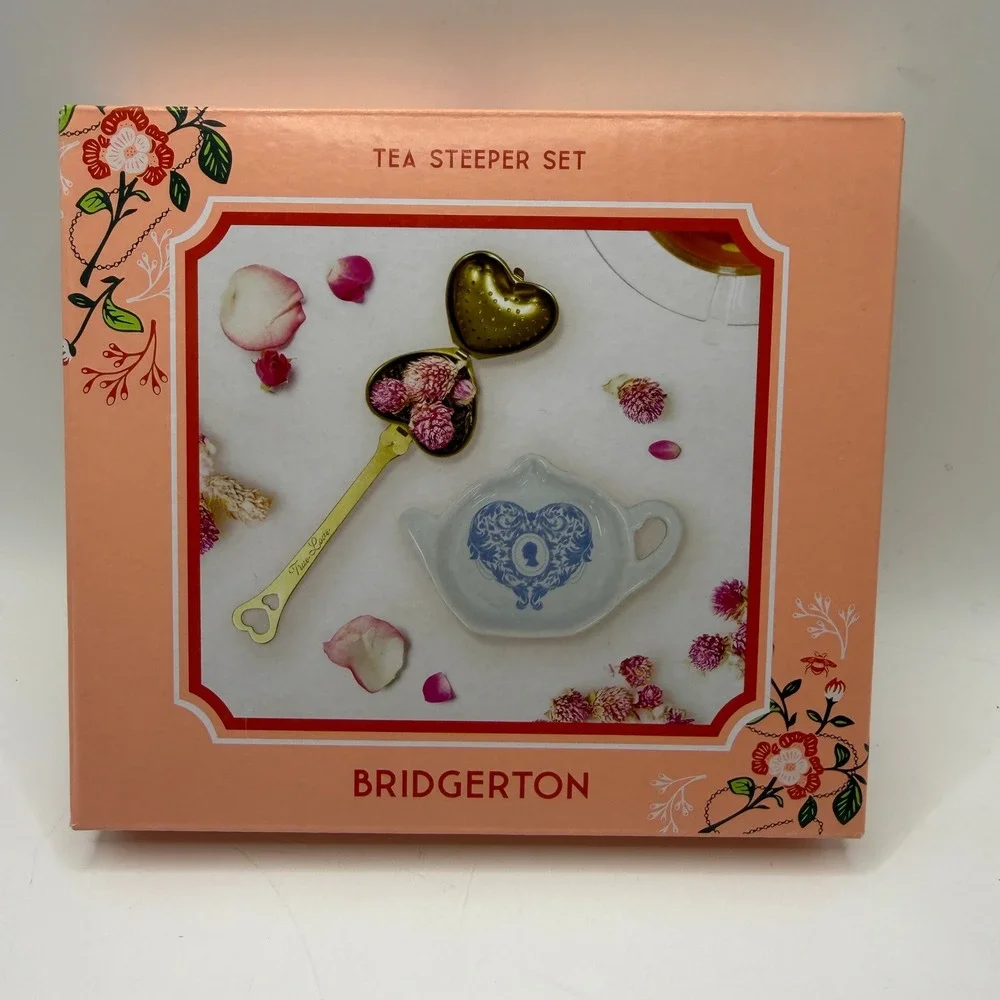 Bridgerton Tea Steeper Set Gold Heart Infuser Blue Teapot Rest Regencycore Royal